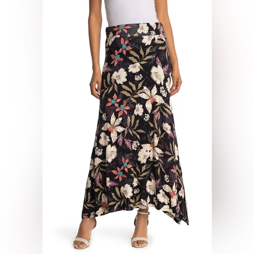 Nordstrom Bobeau Black and Cream Floral Maxi Skirt A-line Asymmetrical Hem